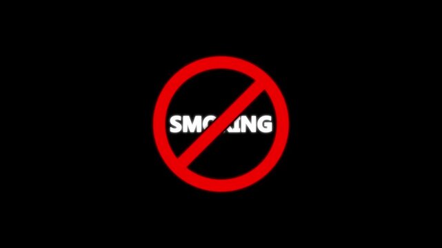 No Smoking warning symbol with red prohibition circle and slash over white Smoking lettering, automotive safety concept, anti-lock braking system restriction icon on black background.
