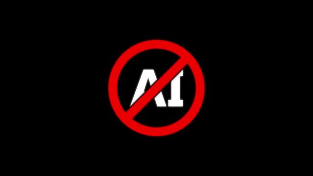 No AI warning symbol with red prohibition circle and slash over white Al lettering, automotive safety concept, anti-lock braking system restriction icon on black background.