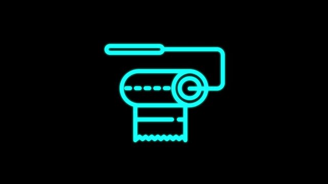 Abstract cyan receipt printer icon with glowing outline and paper roll, digital cash register interface, modern technology symbol on black background,  