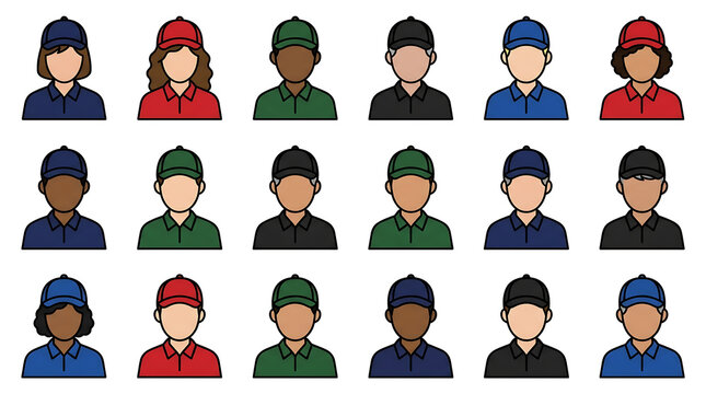 diverse group of workers in caps and polo shirts, set of professional service avatars for business team communication