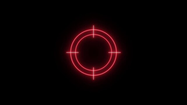 Futuristic glowing red radar target with concentric circles and cross-hair lines, abstract aiming reticular, digital targeting interface, insecurity and military technology background.