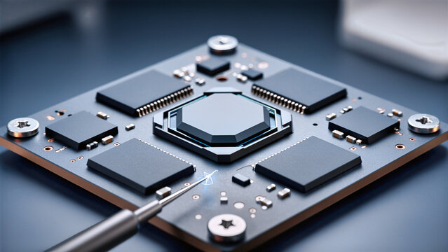 Close-up of precision probe testing electronic control board with blue spark. Reverse engineering of dark graphite circuit module with microchips