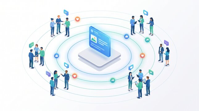 Isometric Social Media Marketing Concept with Content Sharing Network and Audience Engagement