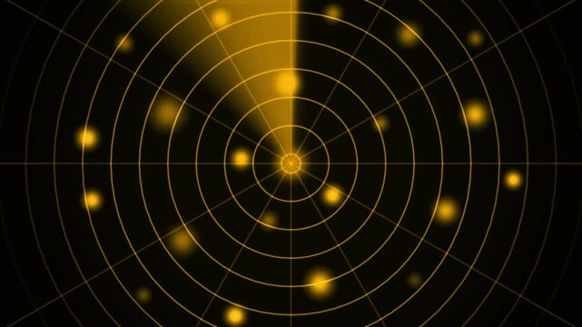 Tech yellow radar screen with glowing data points, circular targeting grid, digital network visualization, insecurity technology background, abstract Tracker and communication high tech interface.