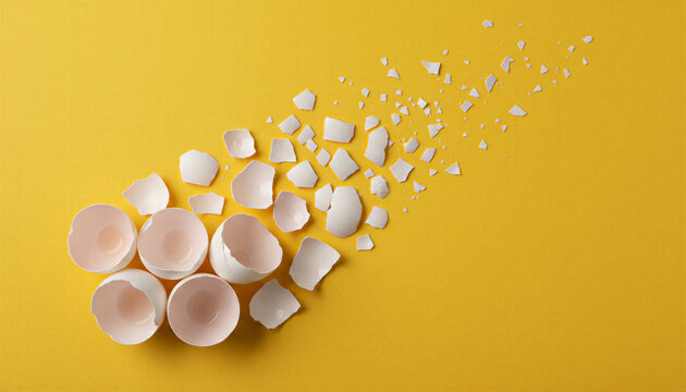 Broken eggshells isolated on yellow background