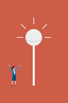 Successful businesswoman stands excitedly under a giant glowing street lamp icon symbolizing a brilliant business idea and creative solution