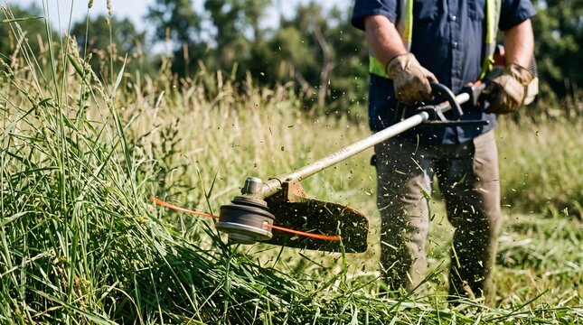 Worker using a string trimmer to cut tall grass and weeds in an overgrown field during daytime