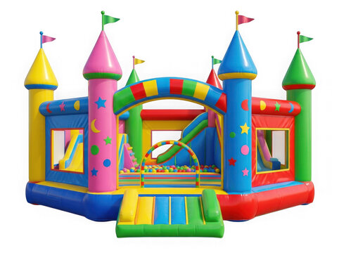 Colorful inflatable bounce house castle for kids party isolated on transparent background