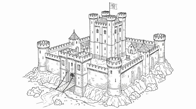 Medieval stone castle fortress with towers and drawbridge line art