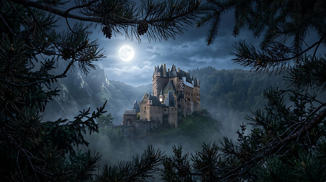 Mystical Castle in Moonlit Forest Mist.