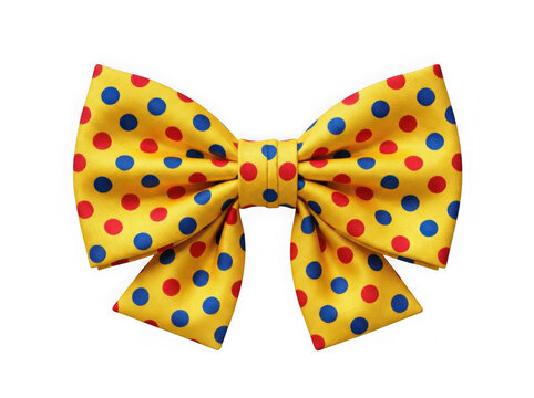 Yellow bow tie with colorful blue and red polka dot pattern design isolated on transparent background