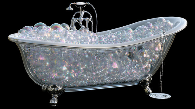 Clawfoot tub filled with iridescent bubbles and dripping water on black background