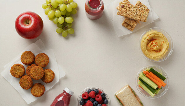 Assorted healthy snack foods arranged in a circle