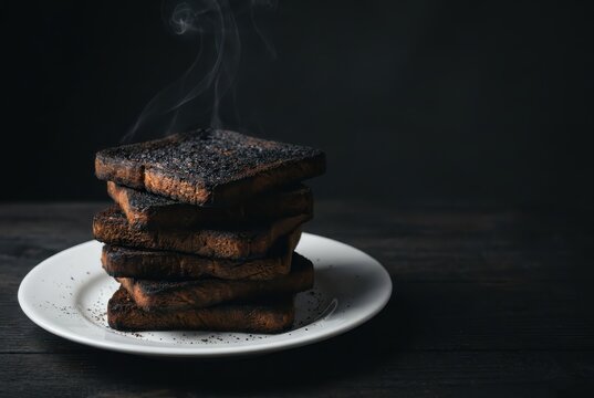 Burnt toast stack on plate with smoke and dramatic dark background