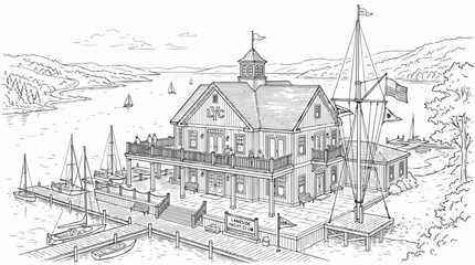 Fototapeta premium Lakeside Yacht Club coloring page with sailboats on a mountain lake