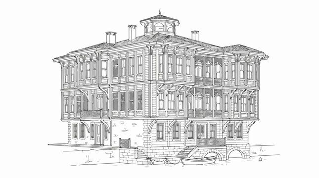 Traditional Ottoman Waterfront Mansion Line Art Architecture Sketch