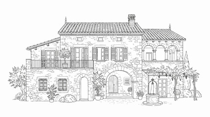 Obraz premium Mediterranean stone house line art with courtyard well and arches