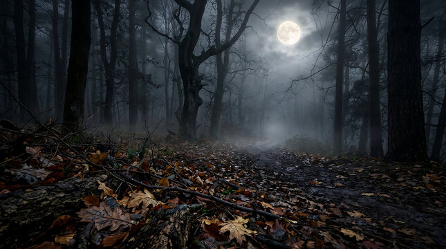 Mystical moonlit forest path with fallen leaves.