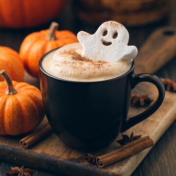 Cozy Halloween pumpkin spice latte with a cute marshmallow ghost and cinnamon sticks