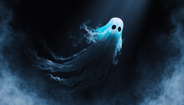 Spooky ethereal glowing blue ghost with big black eyes floating eerily in dark misty atmosphere