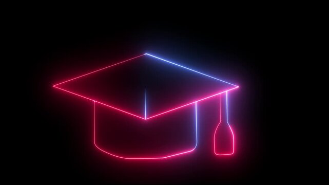Glowing light neon line Graduation cap icon isolated on black background. Graduation hat with tassel icon.Education icon animation on background.