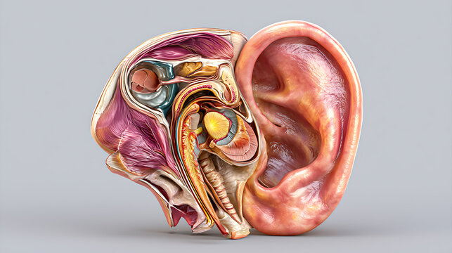 Human ear anatomy illustration showcases internal structures and detailed cross section