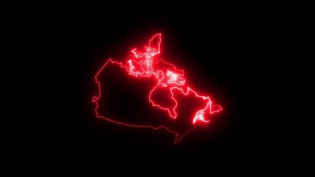Glowing red neon outline map of canada isolated on black background