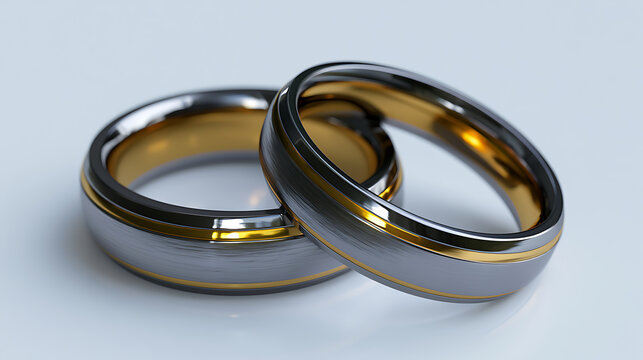 Two brushed metal wedding bands rest against each other showcasing gold inlays