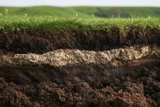 A detailed cross section of soil layers showing topsoil, clay, and subsoil under natural daylight. This image is great for educational and environmental science presentations.