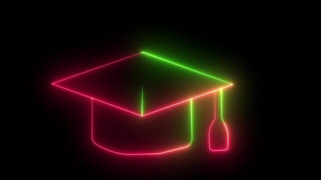 Glowing light neon line Graduation cap icon isolated on black background. Graduation hat with tassel icon.Education icon animation on background.