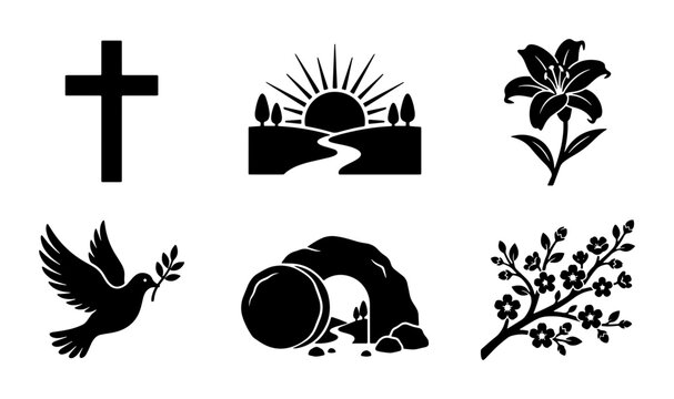 Christian Easter Icons, Religious Symbols Set: Cross, Sunrise, Lily, Dove, Empty Tomb, Blossom Branch, Vector Graphics for Faith and Hope