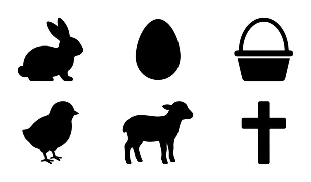 Easter Icons Set: Bunny, Egg, Basket, Chick, Lamb, Cross Silhouettes. Festive Holiday Vector Graphics for Spring Celebration Design.