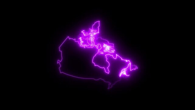 Neon glowing canada map outline animation, vibrant purple digital border on black background