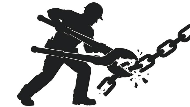 Silhouette man breaking chains on white background.