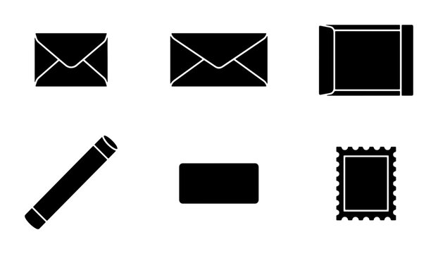 Set of 6 Black Mail Icons, Envelope and Stamp Vector Graphics, Postal Communication Symbols for Business and Correspondence