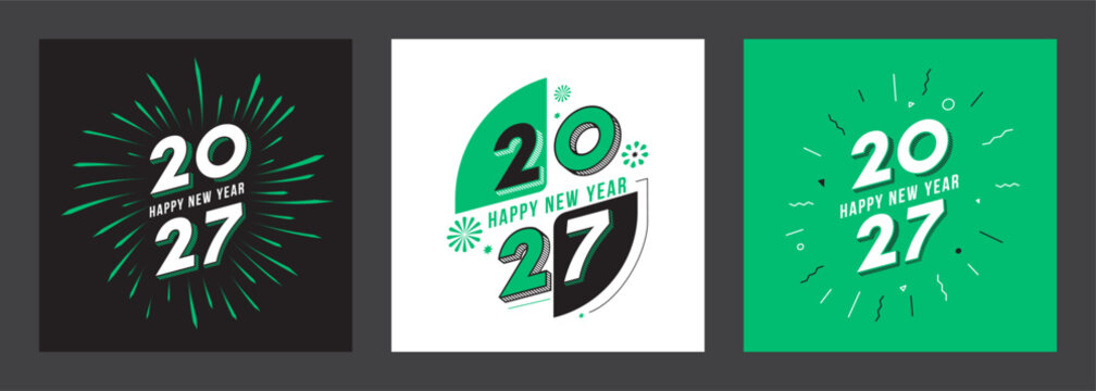 Set of Happy New Year 2027 background design with fireworks and typography. 