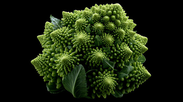 Romanesco broccoli displays a vibrant green fractal pattern against a black background