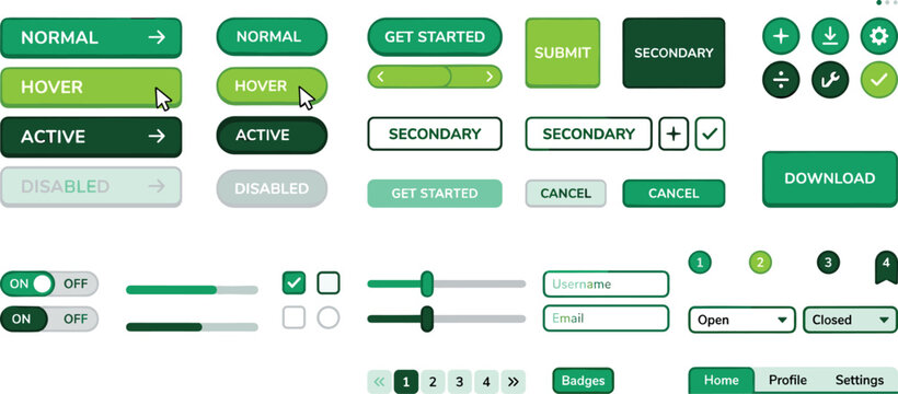 Green UI Kit Vector Illustration Set Featuring Web Buttons States Toggles Sliders Input Fields and Navigation Bar Elements