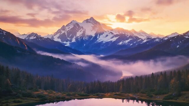 Breathtaking sunrise over a majestic snow-capped mountain peak reflecting in a serene alpine lake with misty pine forests and golden morning light
