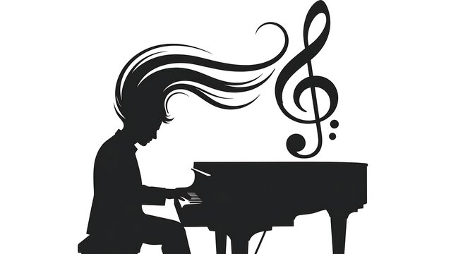 Silhouette of pianist playing with music notes white background.