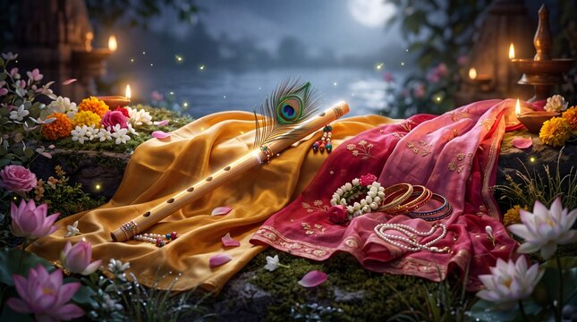 Eternal Radha Krishna Love Represented Through Sacred Indian Symbols