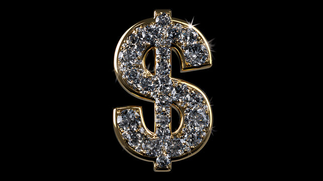 Diamond encrusted dollar sign rendered in 3d with a gold metallic frame