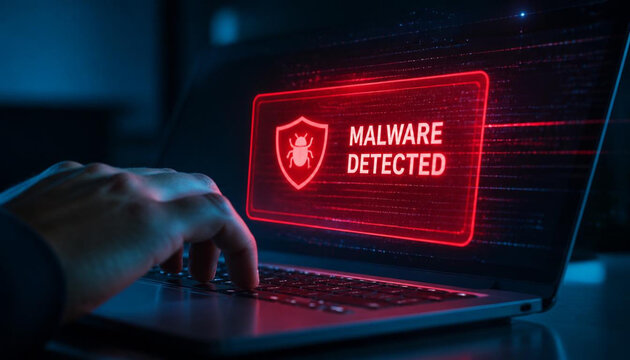 Malware detected warning on a glowing laptop screen with human hand typing on the keyboard keys