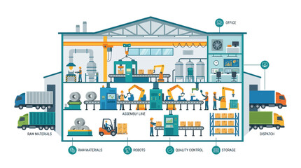 Fototapeta premium Factory Production Line: Assembly, Robotics, Logistics, and Quality Control
