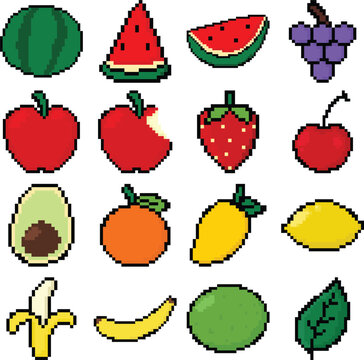 Retro 8 bit pixel art various fresh summer fruit icon set collection for nostalgic 90s graphic design elements svg icon