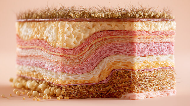 Detailed cross section of human skin anatomy with visible hair follicles