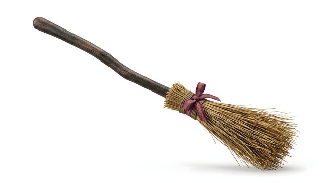 Traditional handcrafted broom with natural bristles and wooden handle tied with decorative multicolored ribbon bow