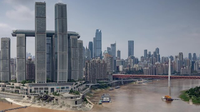 Chongqing cyberpunk city skyline with river