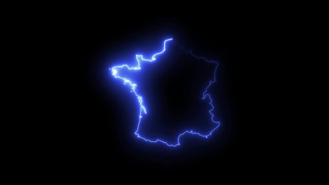 Glowing neon france map outline animation on black background