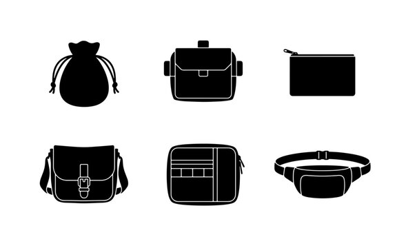 Set of 6 Black Silhouette Bags: Drawstring Pouch, Messenger, Crossbody, Zippered Pouch, Camera Bag, Fanny Pack for Fashion and Accessory Concepts